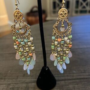 Elegant Gold and Pastel Chandelier Earrings 4” Long